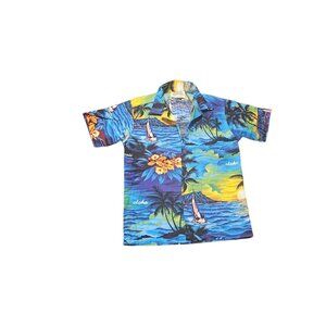 Royal Creations Boys 8 Hawaiian Sailboat Sunset Floral Blue Short Sleeve Shirt